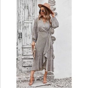 Long Sleeve Vintage Wrap Dress Floral Print V-Neck Maxi Dresses with Belt